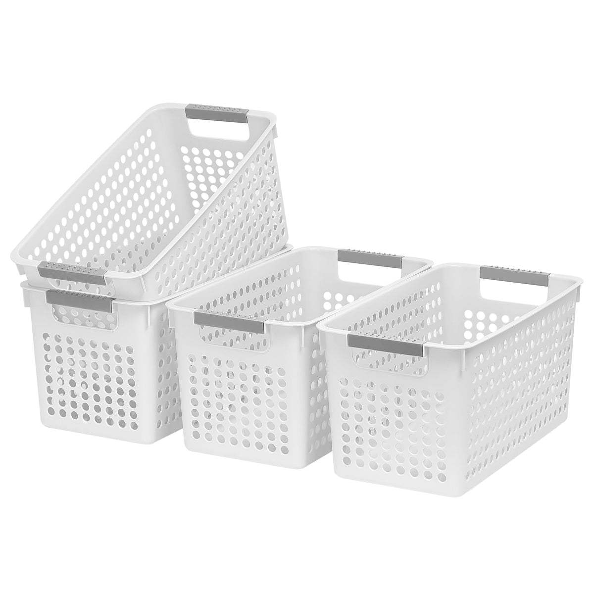 Soddeph 4 Pack Slim Plastic Storage Basket with Handles, Rectangular Storage Bins for Shelves,Narrow Organizer box for Organizing, Kitchen,Home,Office (White, Small)