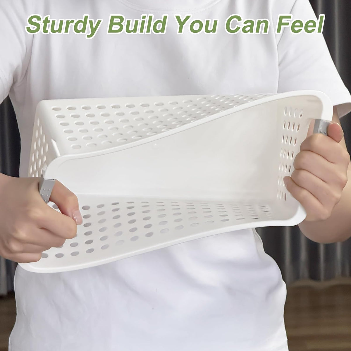 Soddeph 4 Pack Slim Plastic Storage Basket with Handles, Rectangular Storage Bins for Shelves,Narrow Organizer box for Organizing, Kitchen,Home,Office (White, Small)