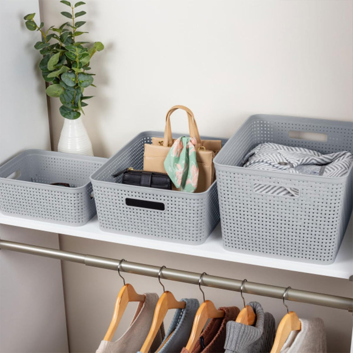 Sterilite Tall Basket, Woven Plastic Storage Organizer Bin, Cement, 6-Pack