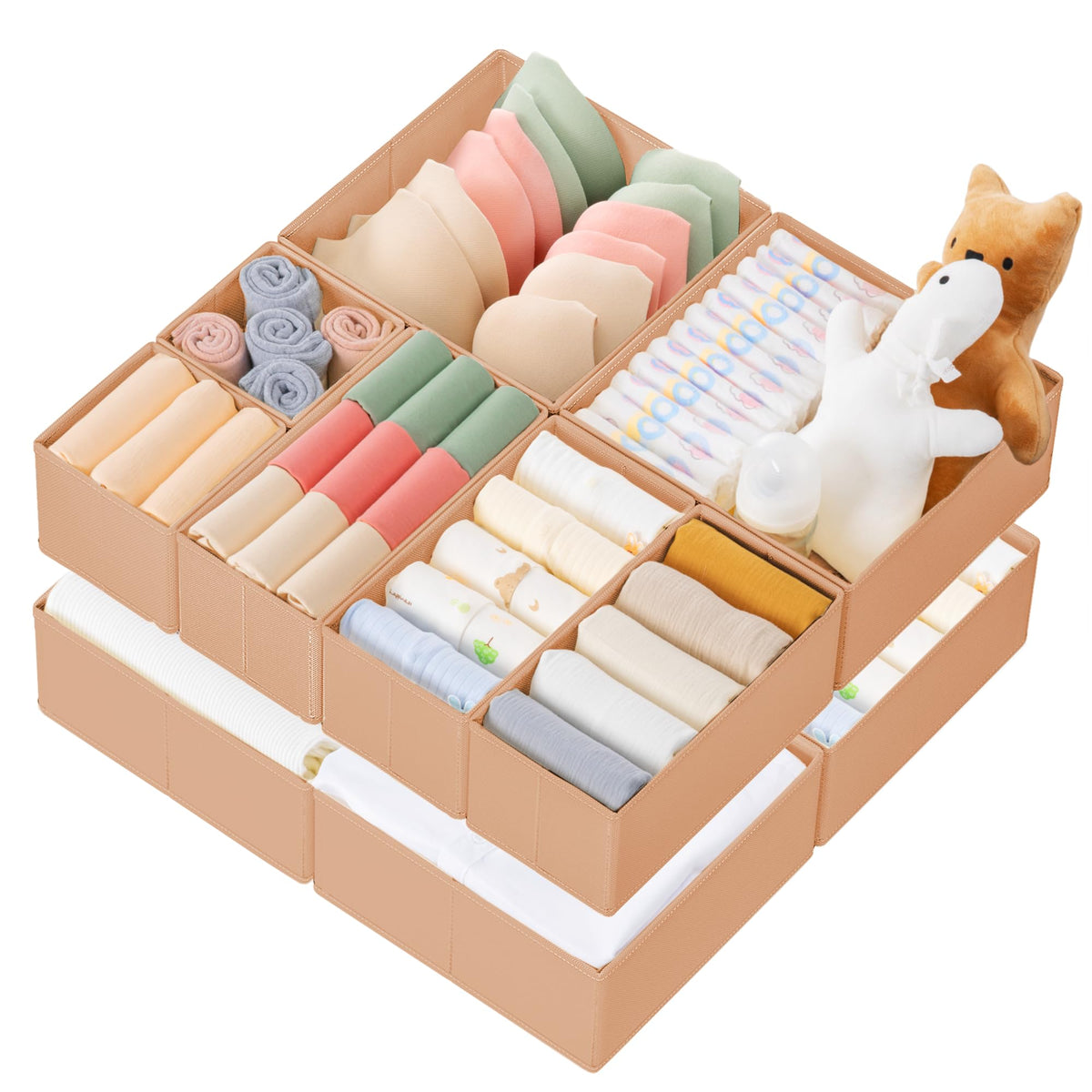 Criusia Drawer Organizer Clothes, 10 Pack Dresser Organizer for Baby Clothes, Underwear, Sock- Foldable Closet Organization and Storage Dividers Bins for Nursery, Bedroom (Beige)