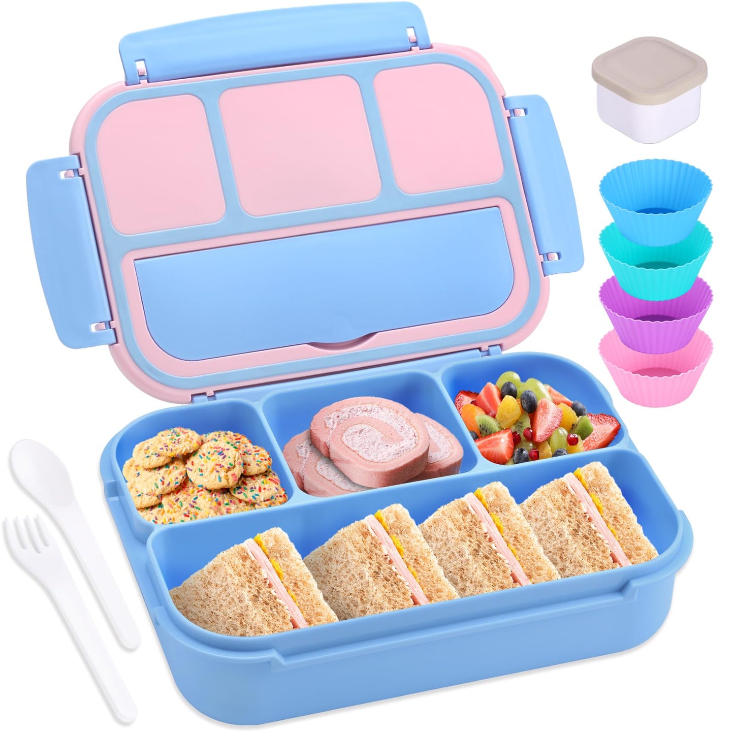Bento Box Adult Lunch Box, Containers for Adults Men Women with 4 Compartments, Lunchable Food Container with Utensils, Sauce Jar, Muffin Liners, 40 Oz/5 Cup, Microwave & Dishwasher Safe, Brown
