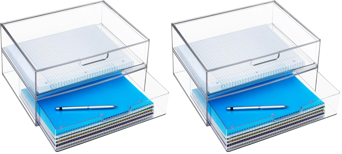STORi STAX Plastic Stackable Organizer Drawers (Set of 2) Clear | 12.5" Wide | Set Includes Two Open Drawer | Organize Office Desk Accessories & Sort Paper | Made in USA