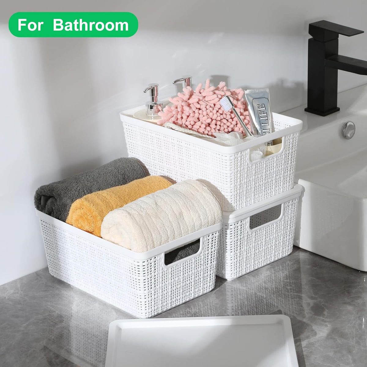 6 Pack Plastic Storage Baskets with Lid,White Stackable Bins