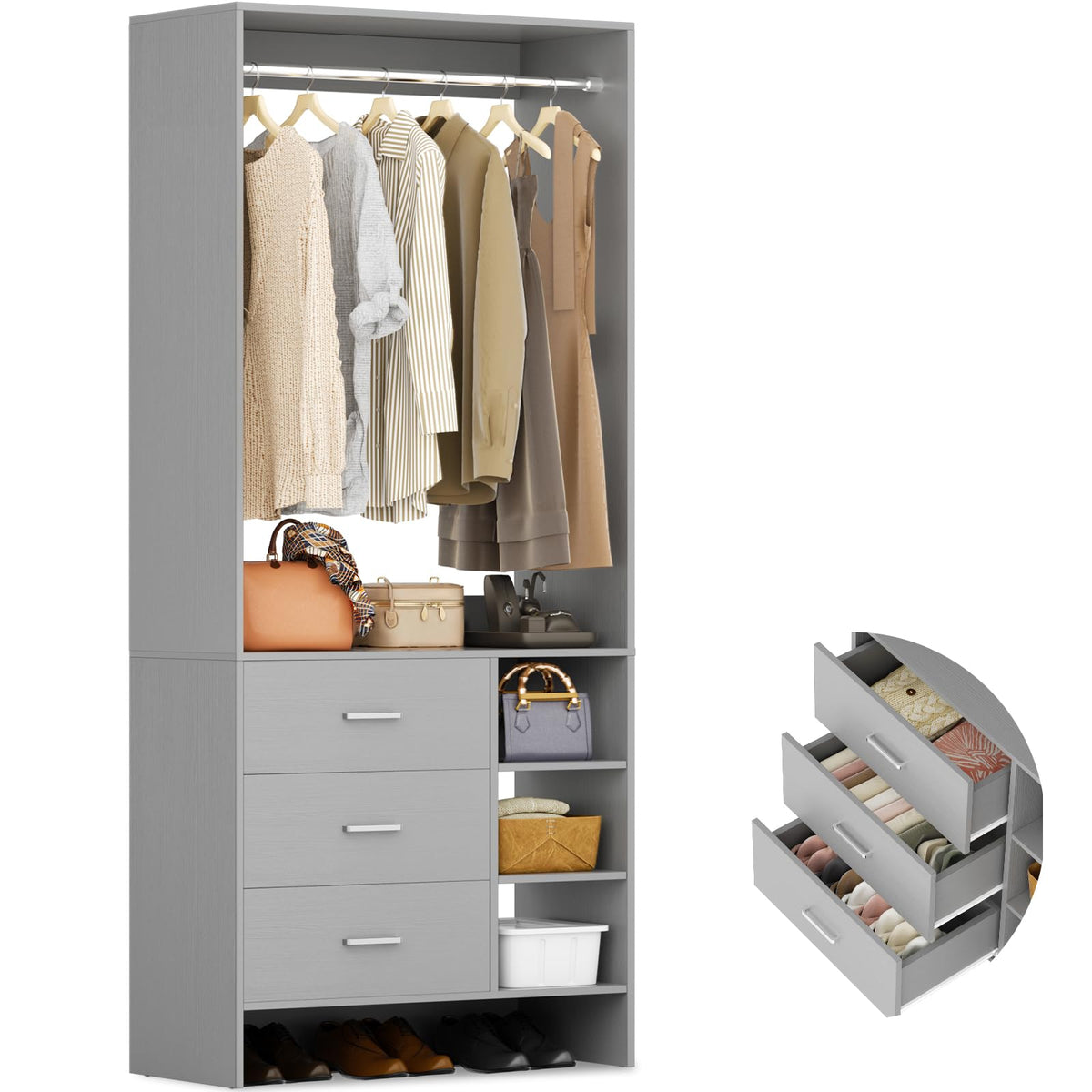 Aheaplus 1.8FT Closet System with Drawers, 21.5’’ Closet Organizer, White