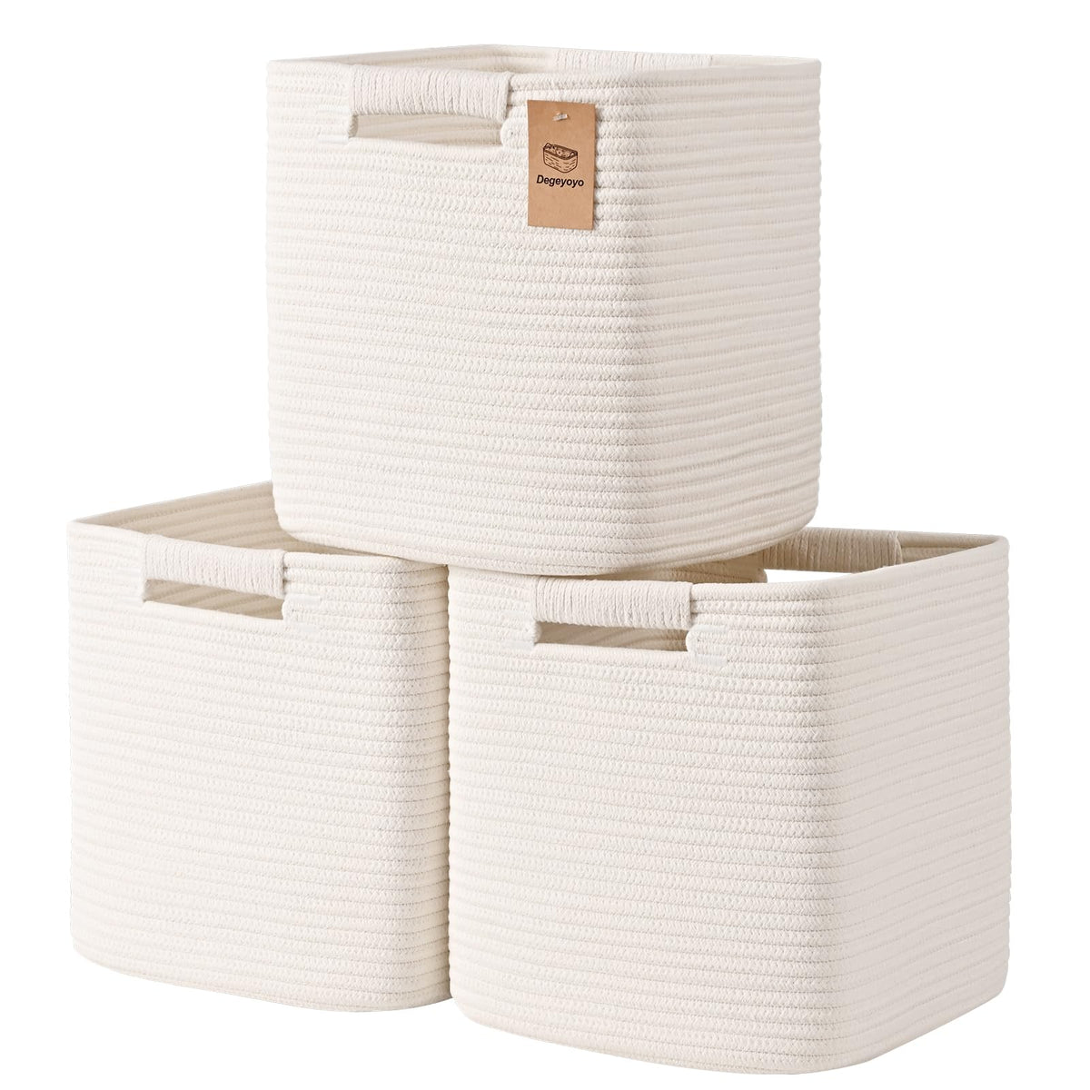 11 Inch Storage Cubes, 3 Pack Cube Storage Bins for Organizing, Cotton Rope Woven Baskets for Shelves, Bathroom, Kids Room, Closets, Baby Nursery