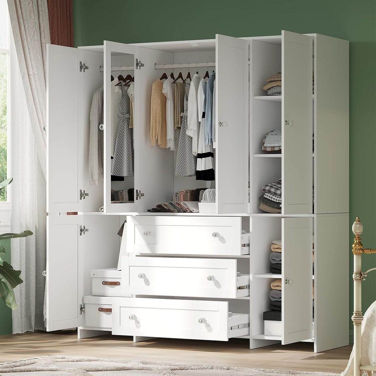 VOWNER 71" Armoire Wardrobe Closet with Drawers and Mirror, 6 Doors