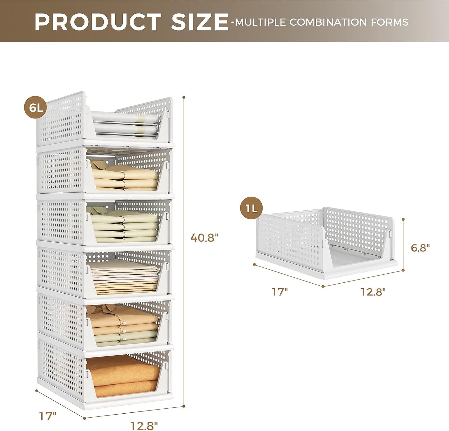Pinkpum 6 Pack Closet Organizer Storage Bins Stackable Plastic Drawer Shelf