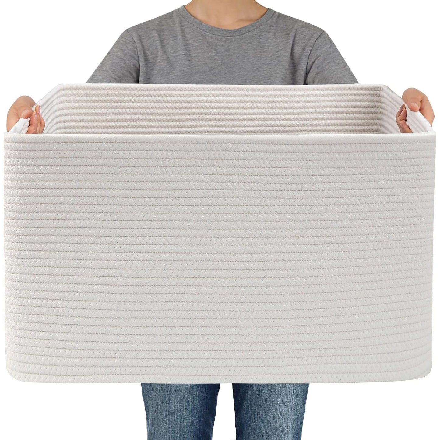 JMvicyroam 65L Large Woven Cotton Rope Blanket Basket, Oatmeal