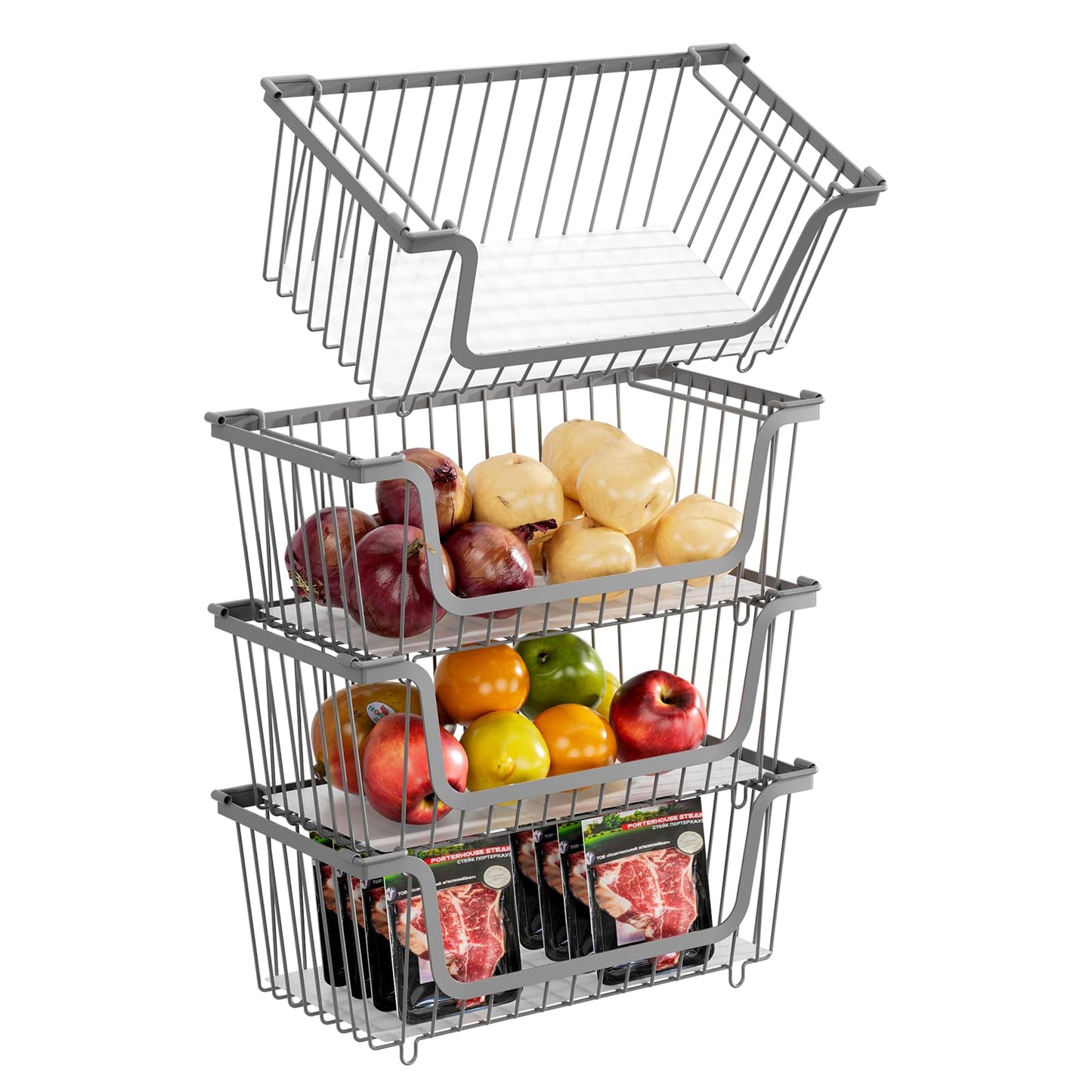 4 Pcs Stackable Wire Baskets Pantry Organizers and Storage Bins,Black
