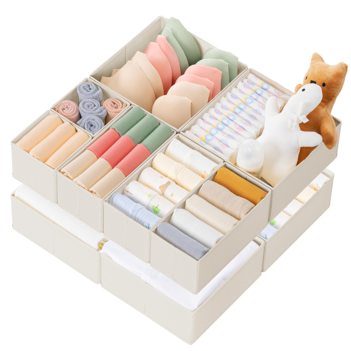 Criusia Drawer Organizer Clothes, 10 Pack Dresser Organizer for Baby Clothes, Underwear, Sock- Foldable Closet Organization and Storage Dividers Bins for Nursery, Bedroom (Beige)