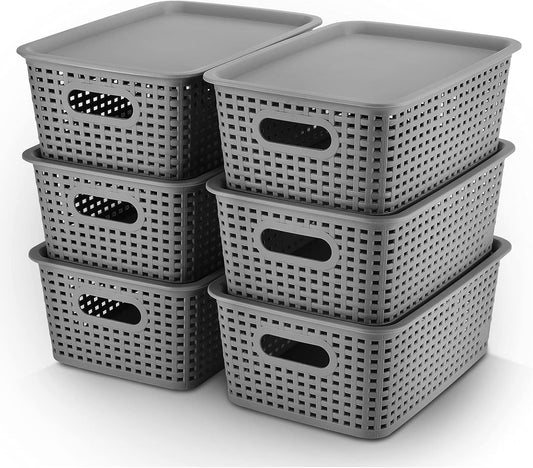AREYZIN Plastic Storage Baskets -6 Pack, Storage Bins with Lid Organizing Container Lidded Knit Storage Organizer Bins for Shelves Drawers Desktop Closet Playroom Classroom Office,Gray