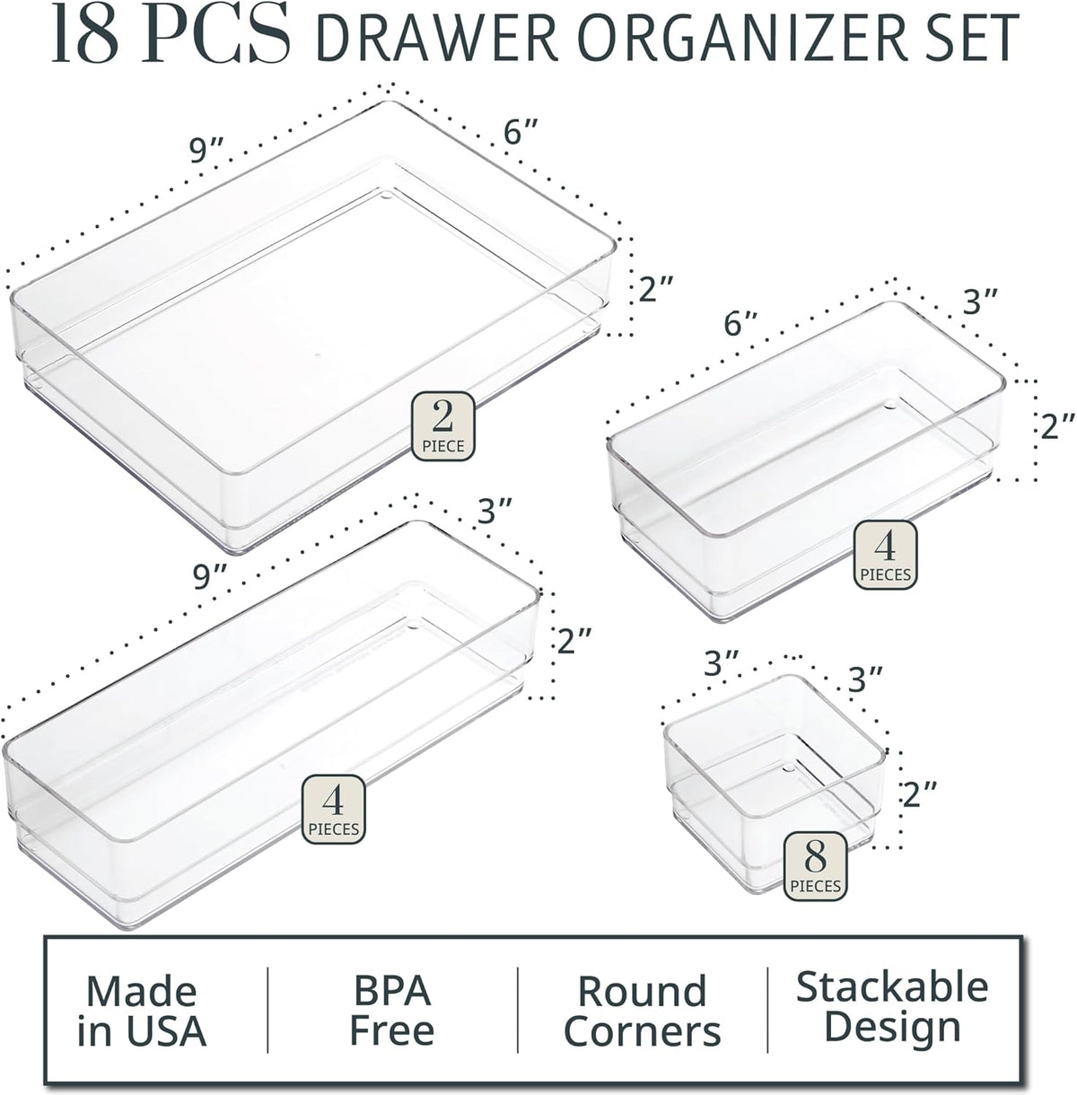 STORi SimpleSort 18-Piece Stackable Clear Drawer Organizer Set | Multi-size Trays | Makeup Vanity Storage Bins and Office Desk Drawer Dividers | Made in USA