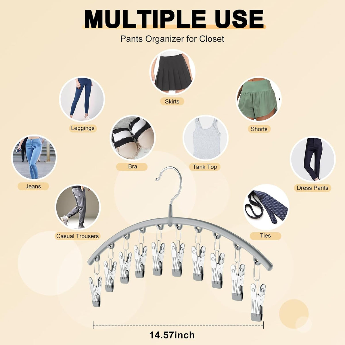 Volnamal Legging Organizer for Closet, Metal Yoga Pants Hanger w/Rubber Coated 2 Pack w/10 Clips Hold 20 Leggings, Hangers Space Saving Hanging Closet Organizer for Closet Organizers and Storage-Grey