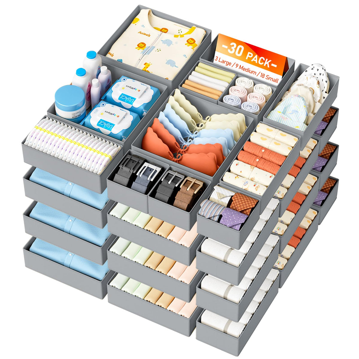 DIMJ Drawer Organizer Clothes 15 Pack - Foldable Baby Organizers and Storage & Closet Organizers for Bedroom, Closet - Nursery Organization Dresser Dividers for underwear, Sock,Bra, Belt, Tie, Beige