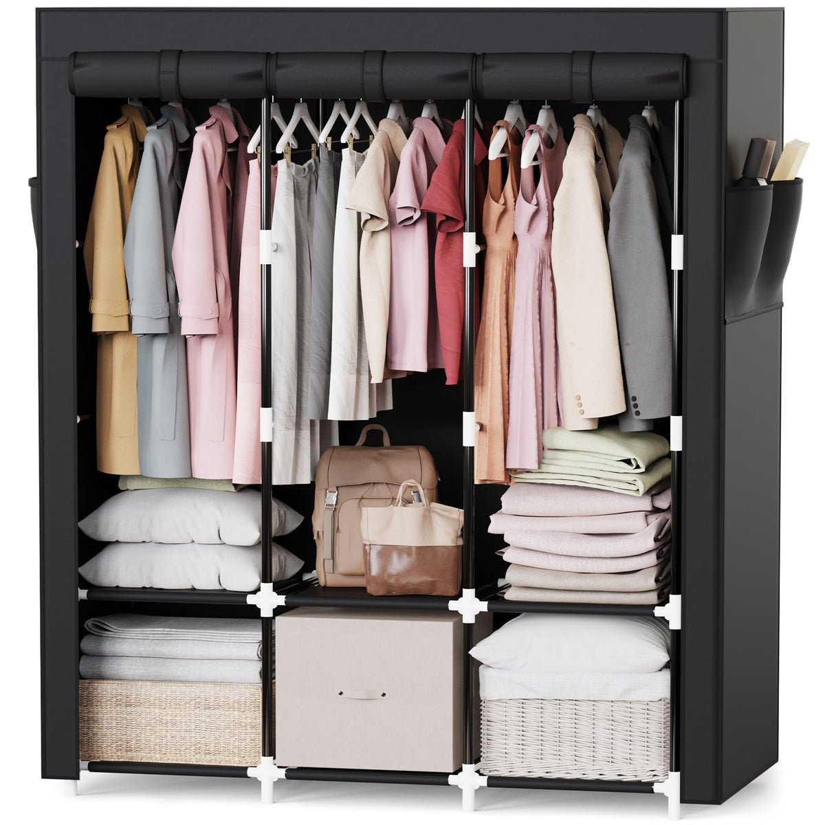 Mavivegue Clothes Organizer with 4 Hanging Rods, Portable Closet Wardrobe, Non-Woven Fabric Cover, Large Capacity Storage for Bedroom and Living Room,Black, 67" W x 17" D x 67" H