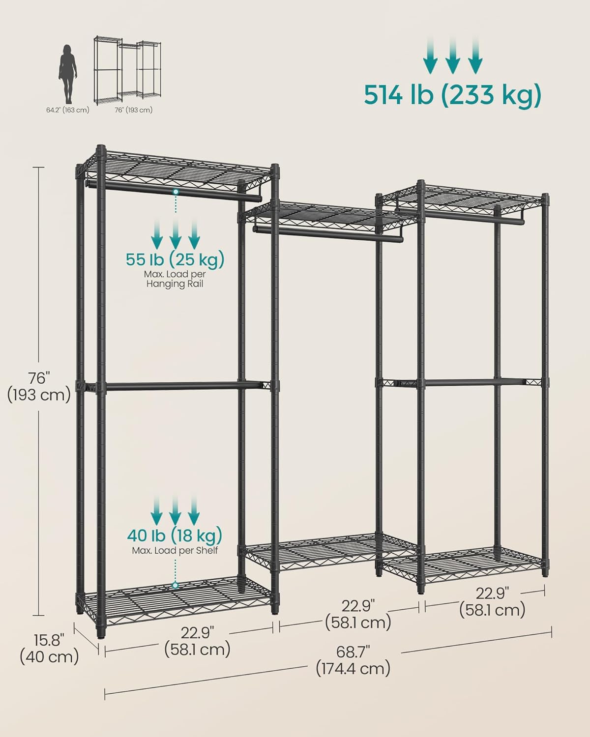 SONGMICS Closet Organizers and Storage, Clothes Rack with Shelves