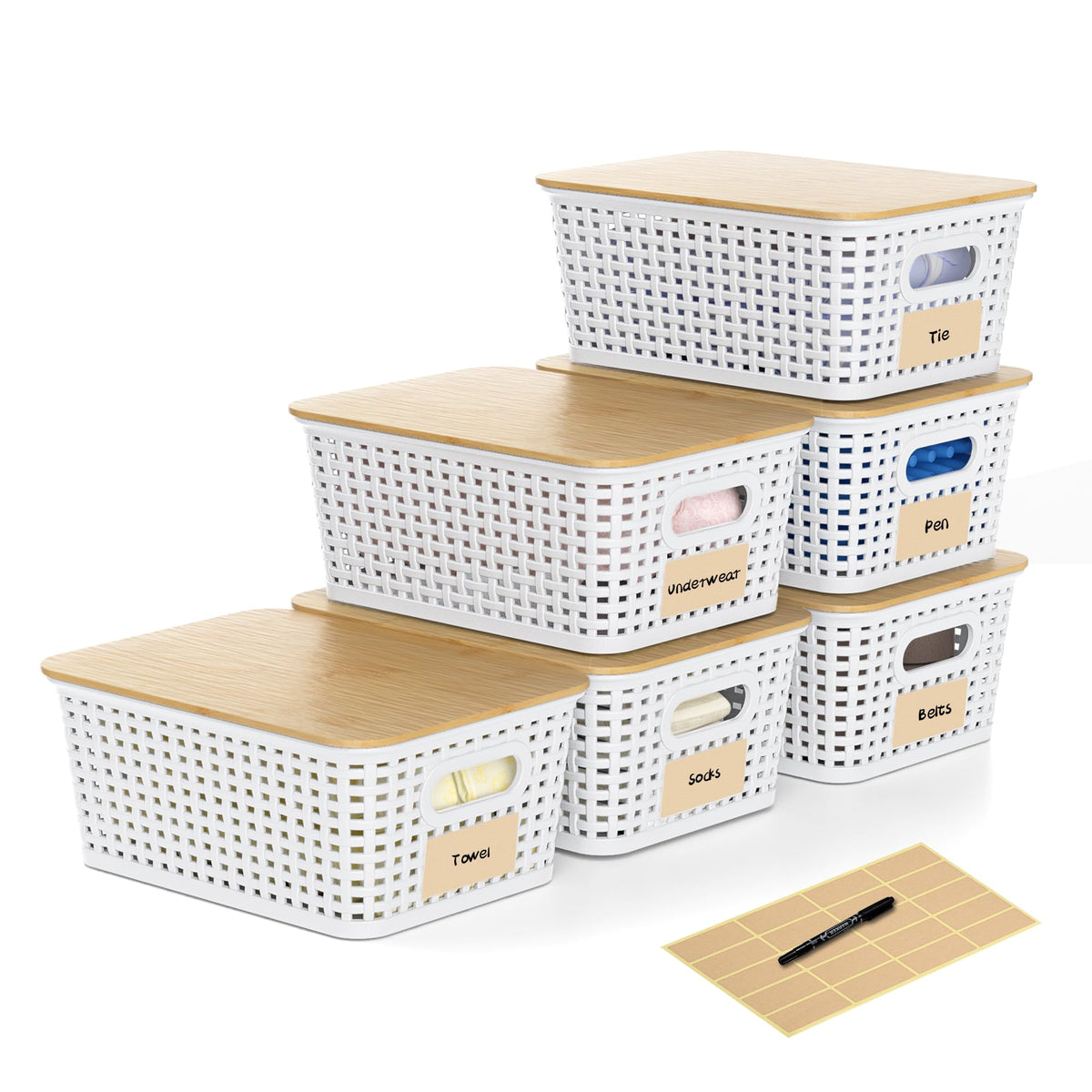 6 Pack Plastic Storage Baskets with Lid,White Stackable Bins