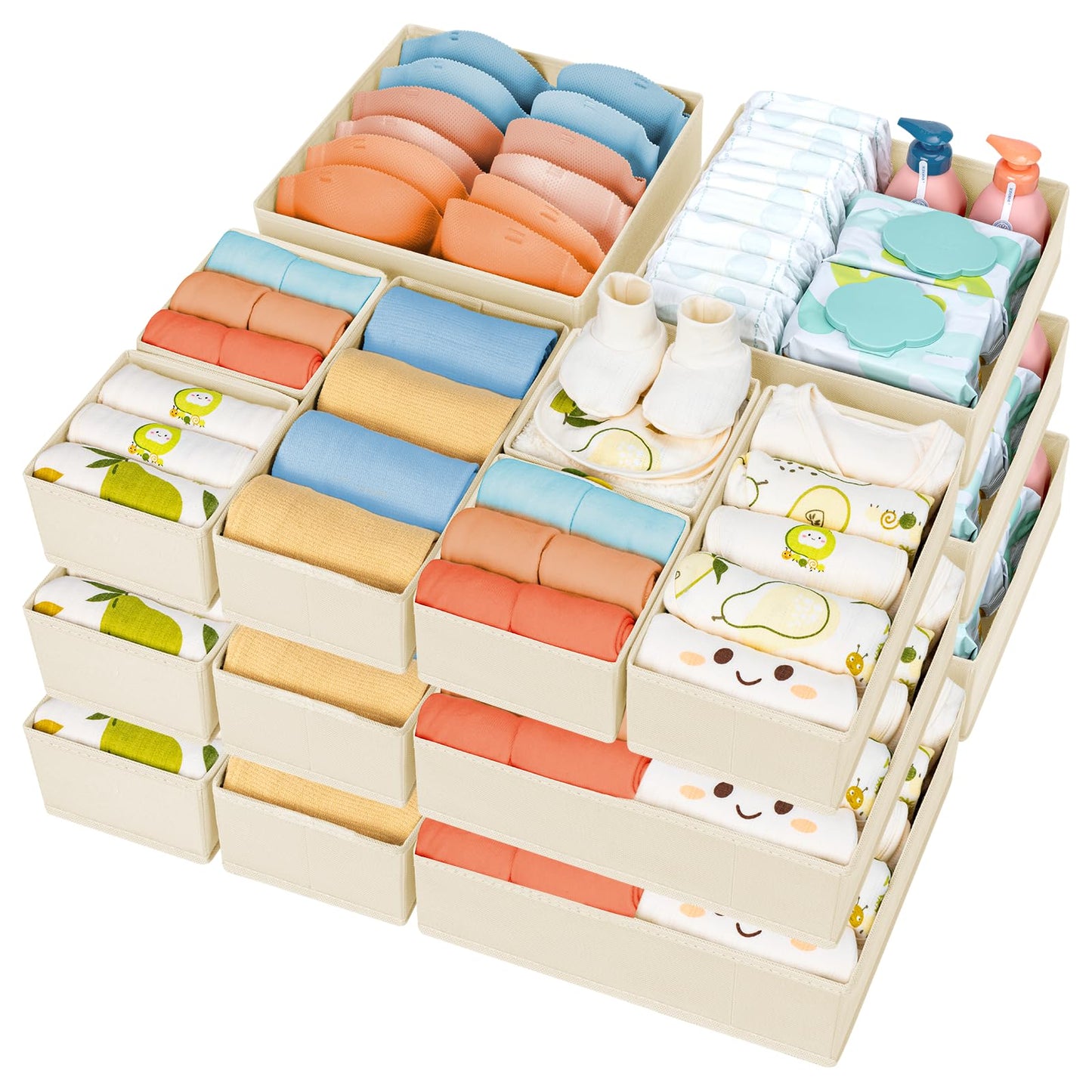 DIMJ Drawer Organizer Clothes 15 Pack - Foldable Baby Organizers and Storage & Closet Organizers for Bedroom, Closet - Nursery Organization Dresser Dividers for underwear, Sock,Bra, Belt, Tie, Beige