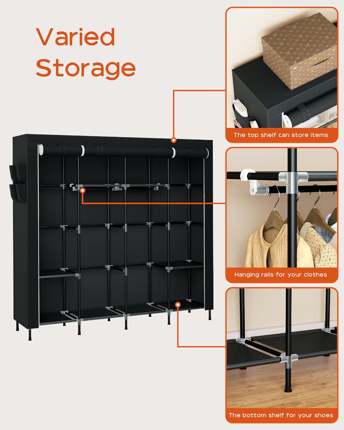 CASAMAYA Portable Closet, 66.9 Inch Large Capacity Wardrobe Closet with Cover, Clothes Storage Organizer with Shelves and 4 Hanging Rods, Easy to Assembly, Black PCT204B01