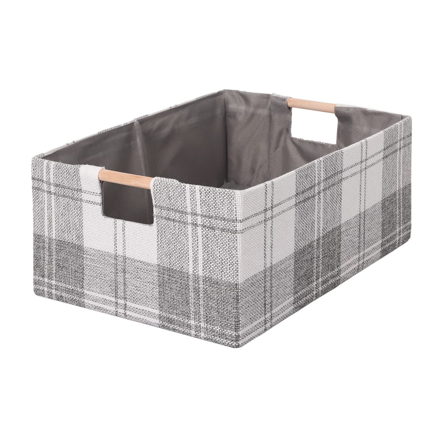 Fabric Storage Bin Box Foldable Cotton Linen Storage Basket with Wooden Handles Rectangular Cube Decorative Home Laundry Organizer Clothes Blanket Container – Beige, Medium