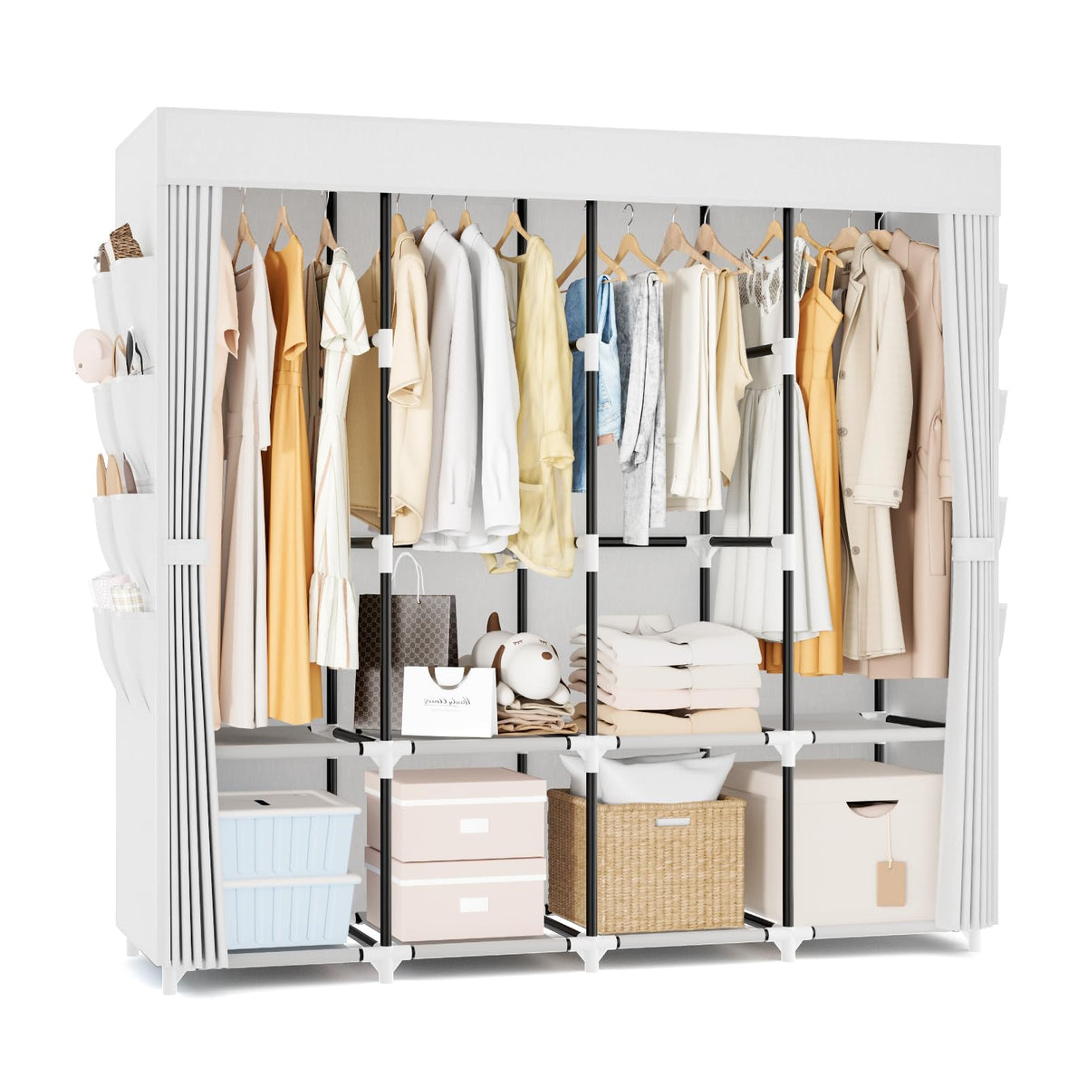 Portable Closet for Hanging Clothes, 67 Inch Wide Portable Wardrobe Closet with Cover, 4 Hanging Rod, Storage Shelves and Side Pockets, Large Free Standing Closet for Bedroom, Black