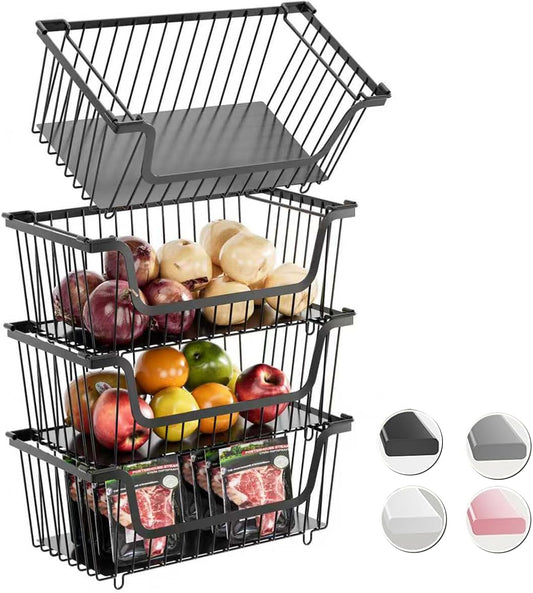 4 Pcs Stackable Wire Baskets Pantry Organizers and Storage Bins,Black