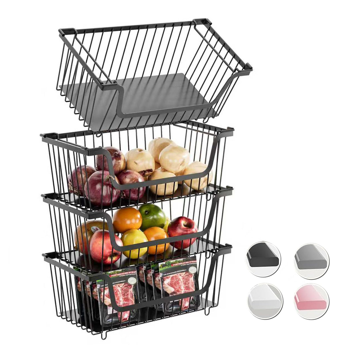 4 Pcs Stackable Wire Baskets Pantry Organizers and Storage Bins,Black