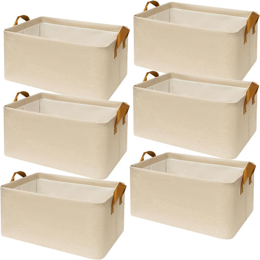 SNWDN 6 Pack Closet Cloth Storage Bins with Handles (Beige 15''L x 10.2''W x 8.2''H)