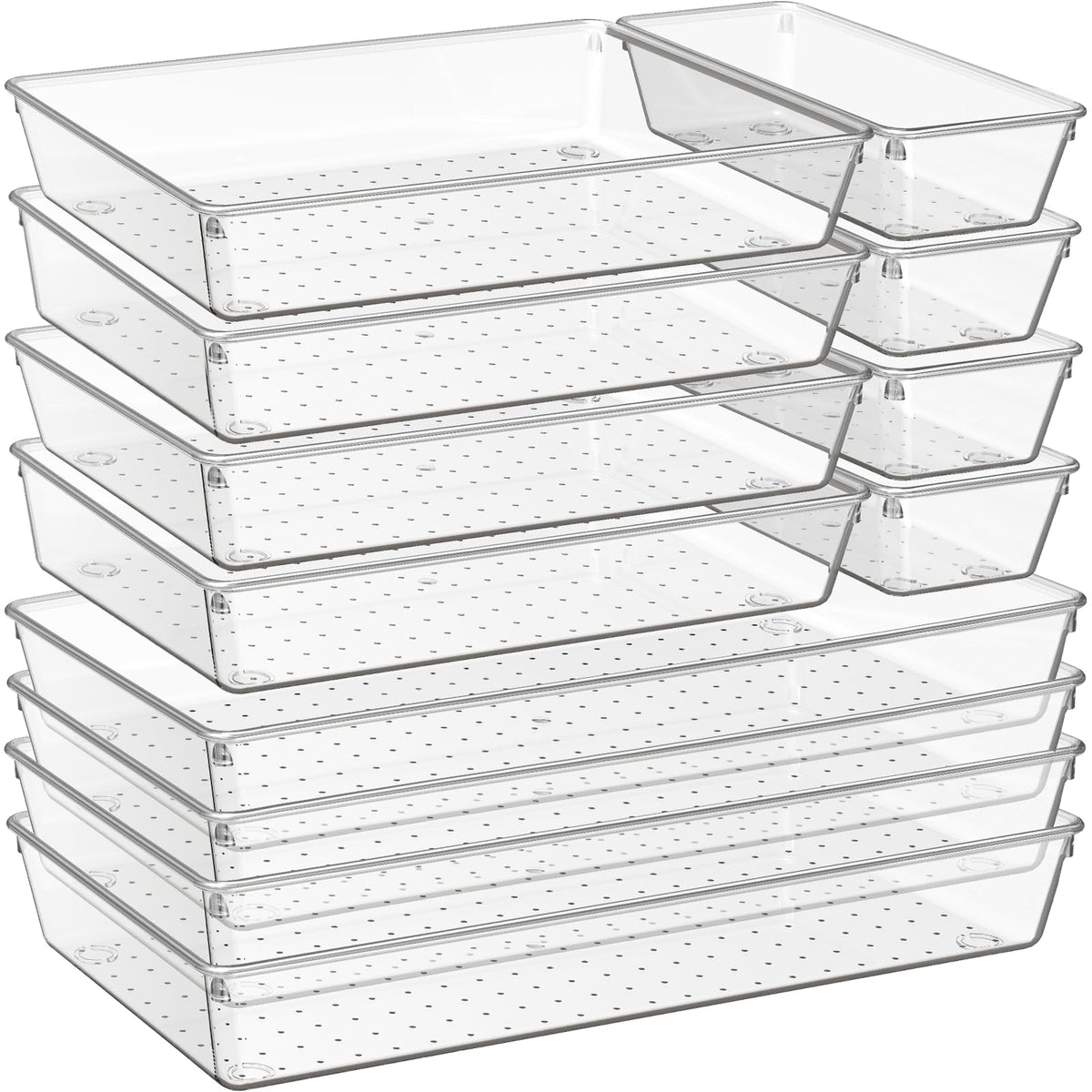 6 Pack Large Clear Plastic Drawer Organizer Trays, Acrylic Kitchen Drawer Organization and Storage Dividers, Non-Slip Storage Bins for Makeup, Kitchen Utensils, Bathroom, Jewelries and Office Desk