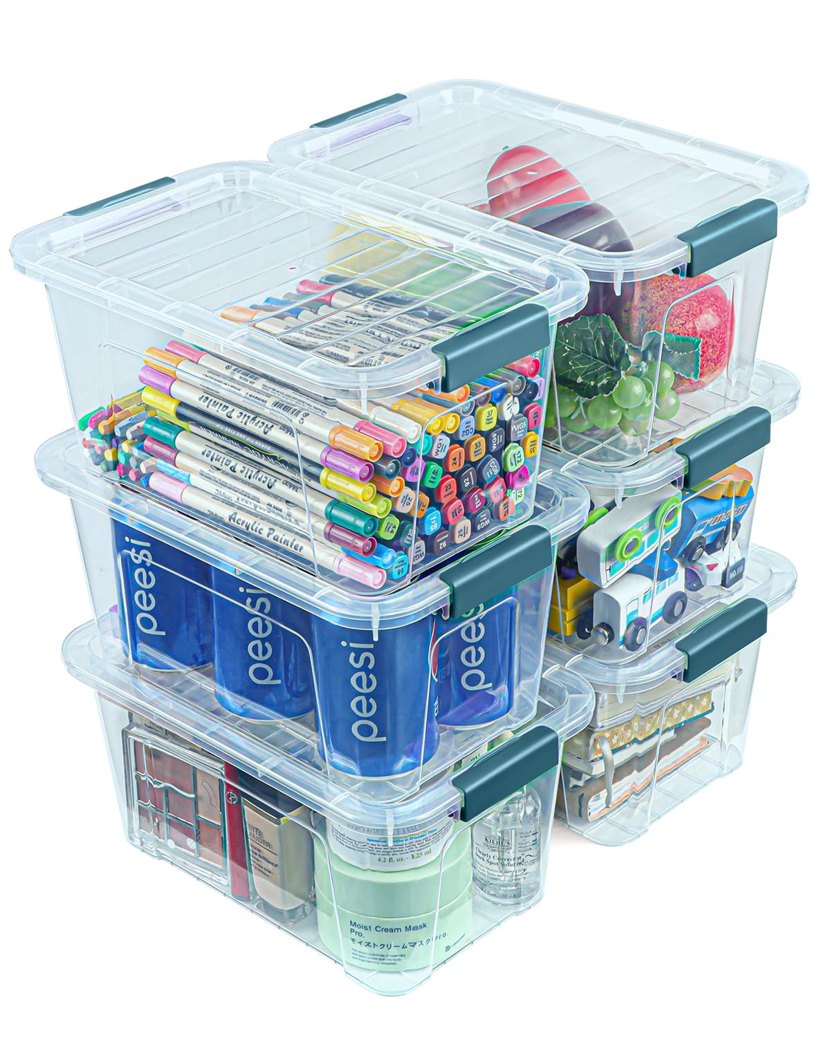 EOENVIVS Plastic Storage Bins with Lids 6 Pack, 7 Quart Storage Containers With Black Buckle Latch, Stackable Storage Organizers for Home Pantry Office Classroom Organization, Clear