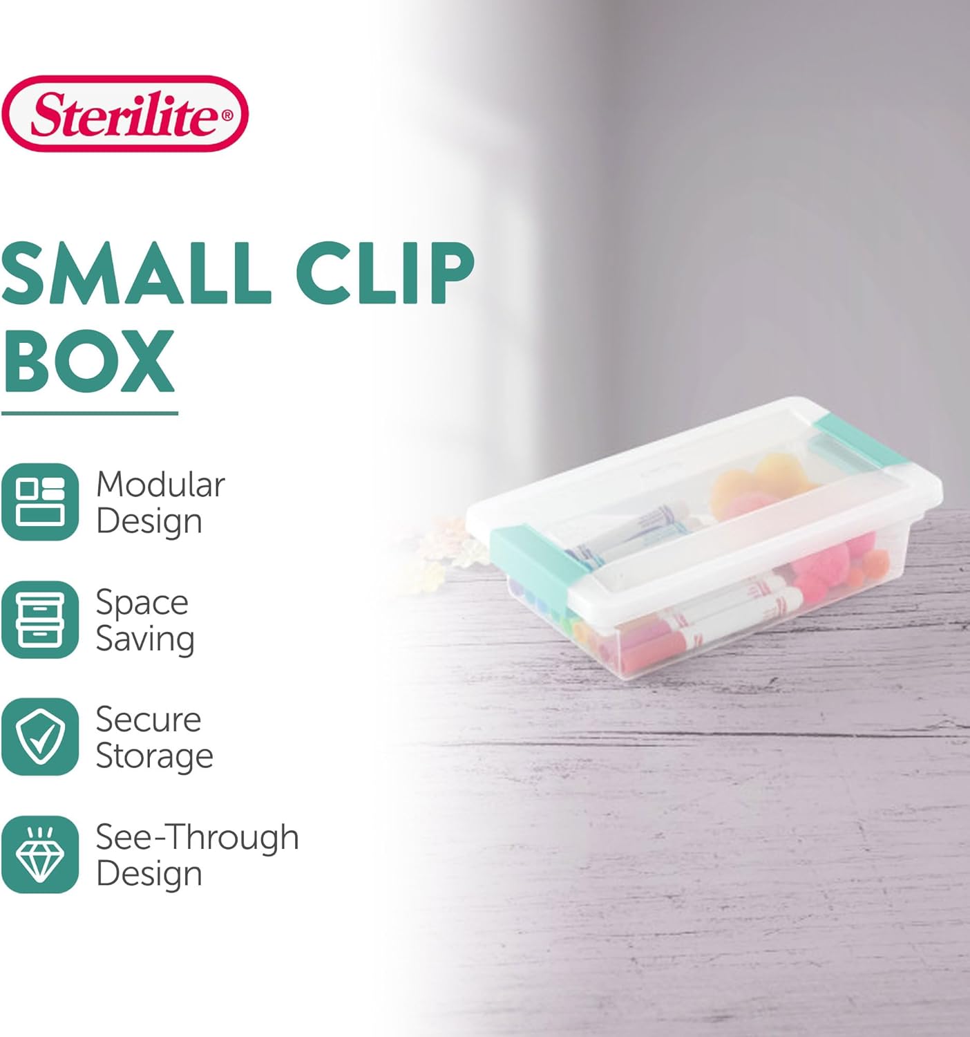 Sterilite Small Clip Box, Stackable Small Storage Bin with Latching Lid, Plastic Container to Organize Office, Crafts, Clear Base and Lid, (Pack of 6)