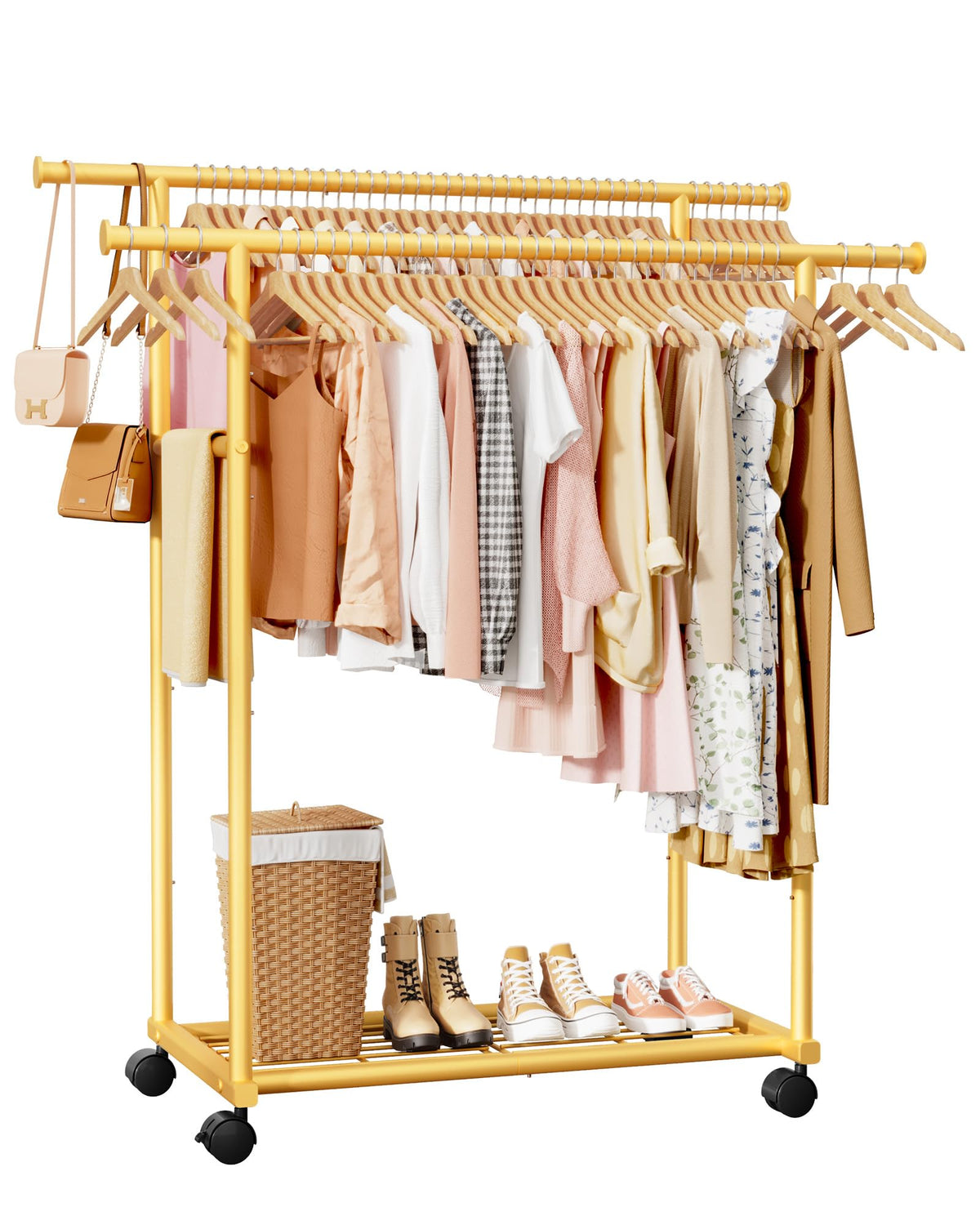 Sakugi Double Rods Clothes Rack - Metal Clothing Rack with Fixed Double Rods, Rolling Wheels & Built-In Shelf for Closet, Bedroom, Laundry Storage (39" x 17" x 60", Black)