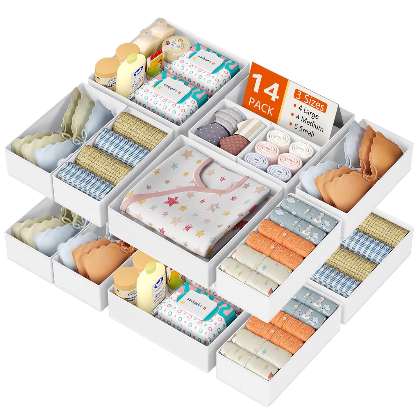 DIMJ Drawer Organizer Clothes 15 Pack - Foldable Baby Organizers and Storage & Closet Organizers for Bedroom, Closet - Nursery Organization Dresser Dividers for underwear, Sock,Bra, Belt, Tie, Beige