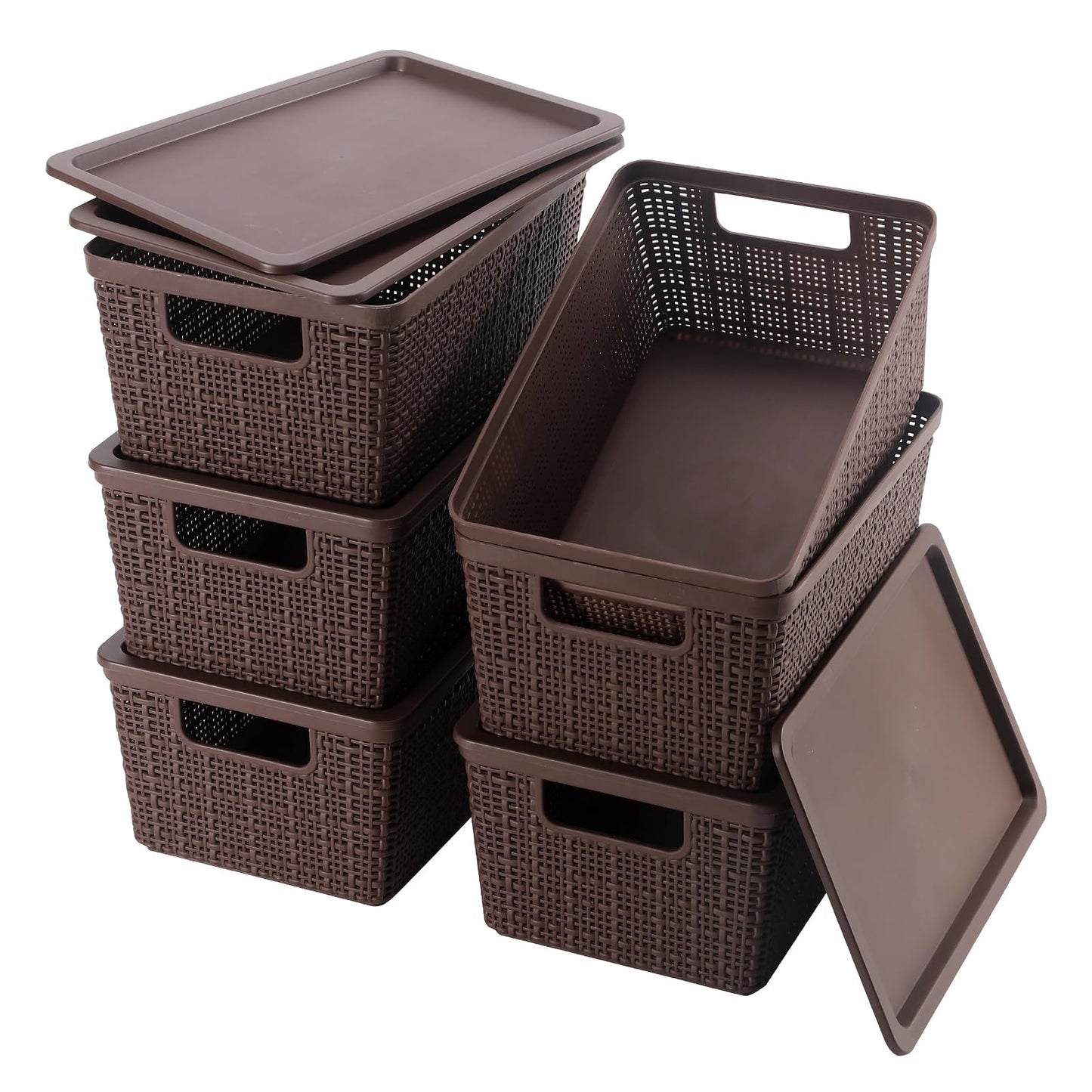 6 Pack Plastic Storage Baskets with Lid,White Stackable Bins