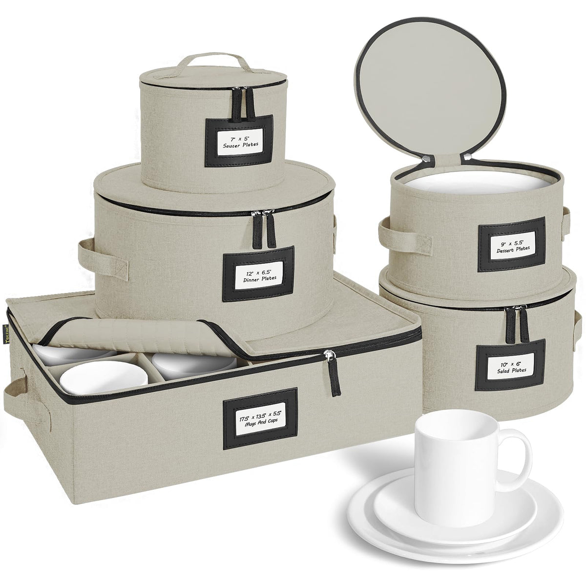BALEINE China Storage Containers, Sturdy Quilted Wine Glass Storage, Plate Organizer with Carry Handles, Moving Boxes for Dishes, Cups, Mugs and Stemware (Plate Mug Combo, Soft Shell Cream)