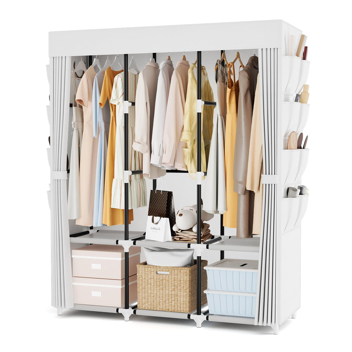 Wardrobe Closet Portable Closets for Hanging Clothes Large Capacity Clothes Rack with Cover, 3 Hanging Rods, 6 Shelves and 8 Pockets, Strong and Stable Free Standing Closet for Bedroom, Black