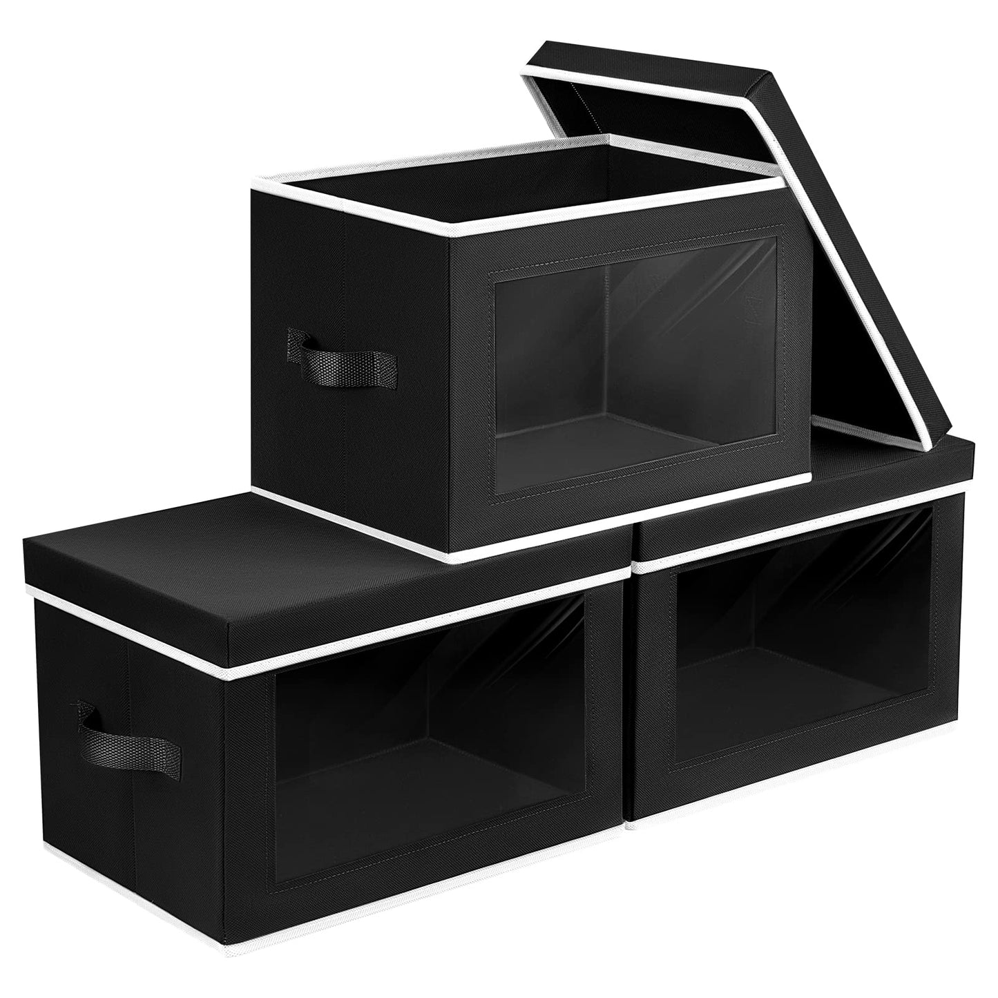 Homsorout Storage Bins with Lids - Fabric Storage Boxe with Window, Collapsible Closet Organizers with Handles, 3 Pack Decorative Bin, Home Cubes Baskets for Clothes, Hat, Books, Dark Grey