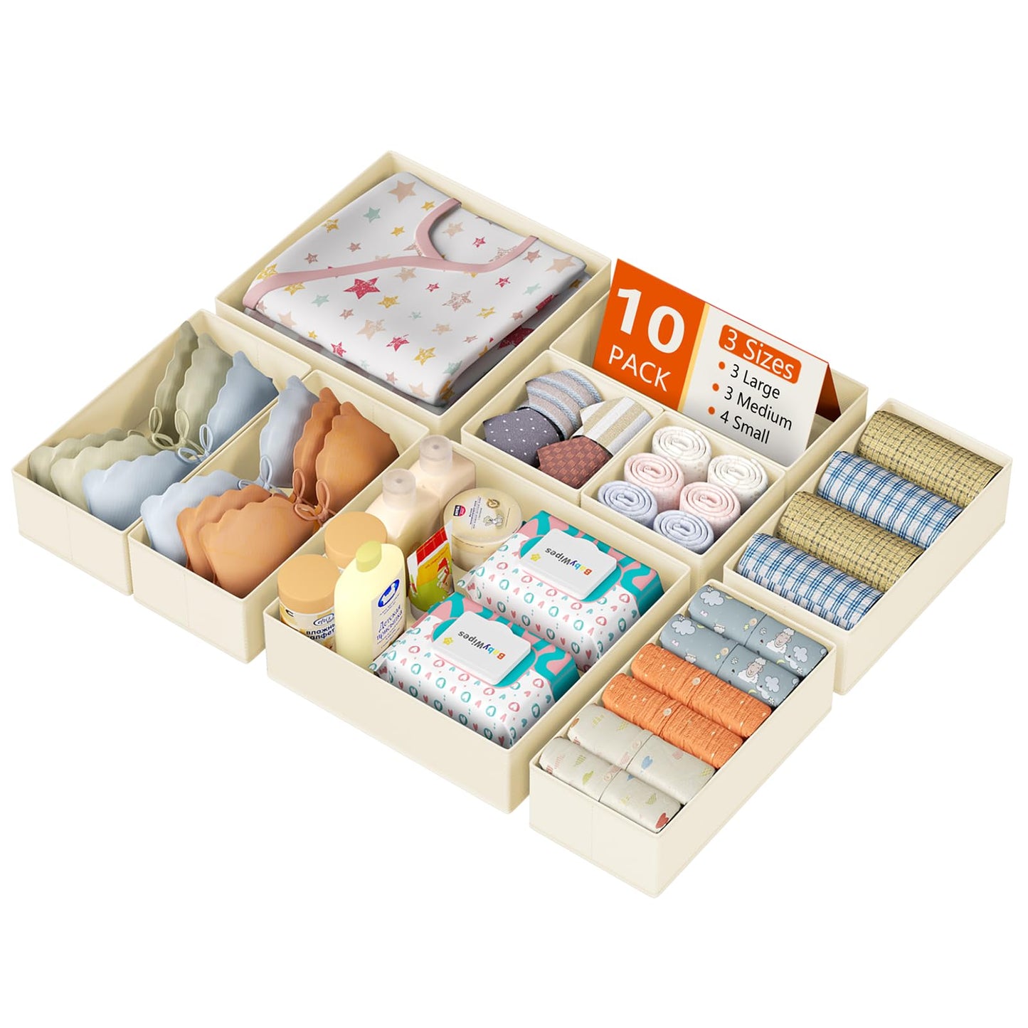 DIMJ Drawer Organizer Clothes, 12 Pack Dresser Organizer, Foldable Closet Organizers and Storage, Fabric Dresser Bins, Drawer Dividers for Nursery, Baby Clothes, Underwears, Sock (Beige)