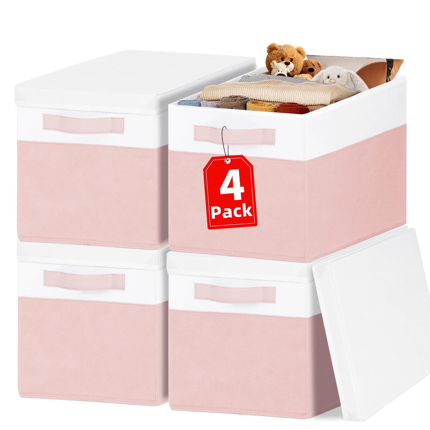Large Closet Storage Baskets Bins with Lids 4 Pack, Storage Baskets for Organizing Shelves Nursery Bedroom, Home Dorm Closet Organizers Cubes for Clothes Toys Blanket Book - Stackable -14x10x9.5