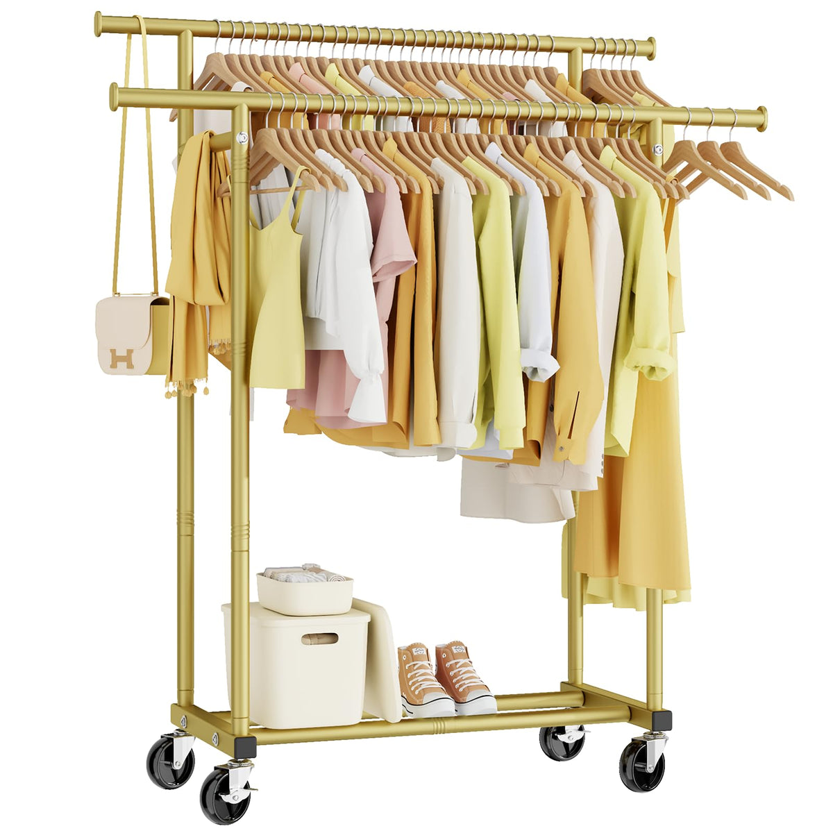HYSEYY Double Rods Clothes Rack, Rolling Clothing Rack for Hanging Clothes Portable Wardrobe Rack, Metal Garment Rack Sturdy Coat Rack for Bedroom Laundry Living Room, Black