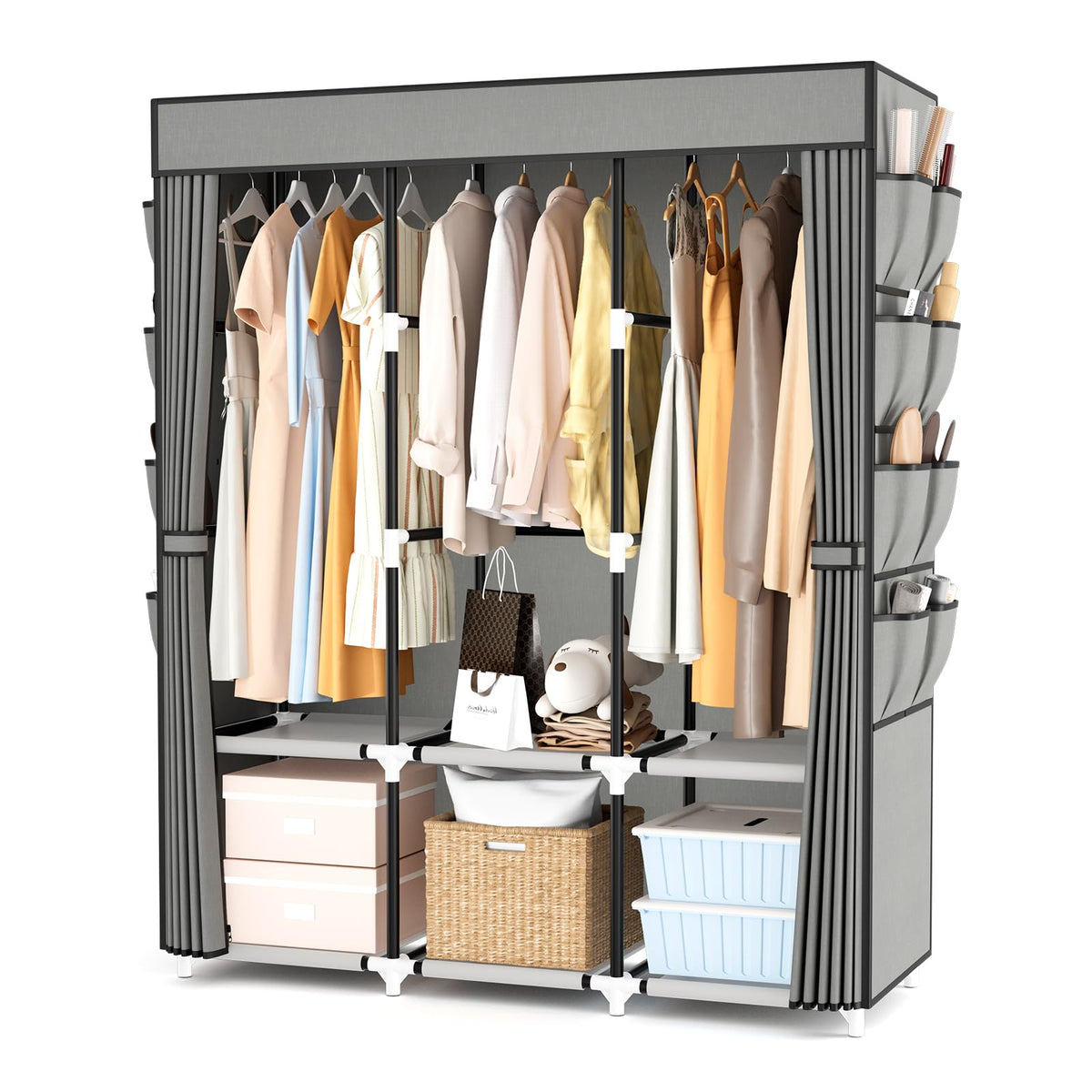 Wardrobe Closet Portable Closets for Hanging Clothes Large Capacity Clothes Rack with Cover, 3 Hanging Rods, 6 Shelves and 8 Pockets, Strong and Stable Free Standing Closet for Bedroom, Black