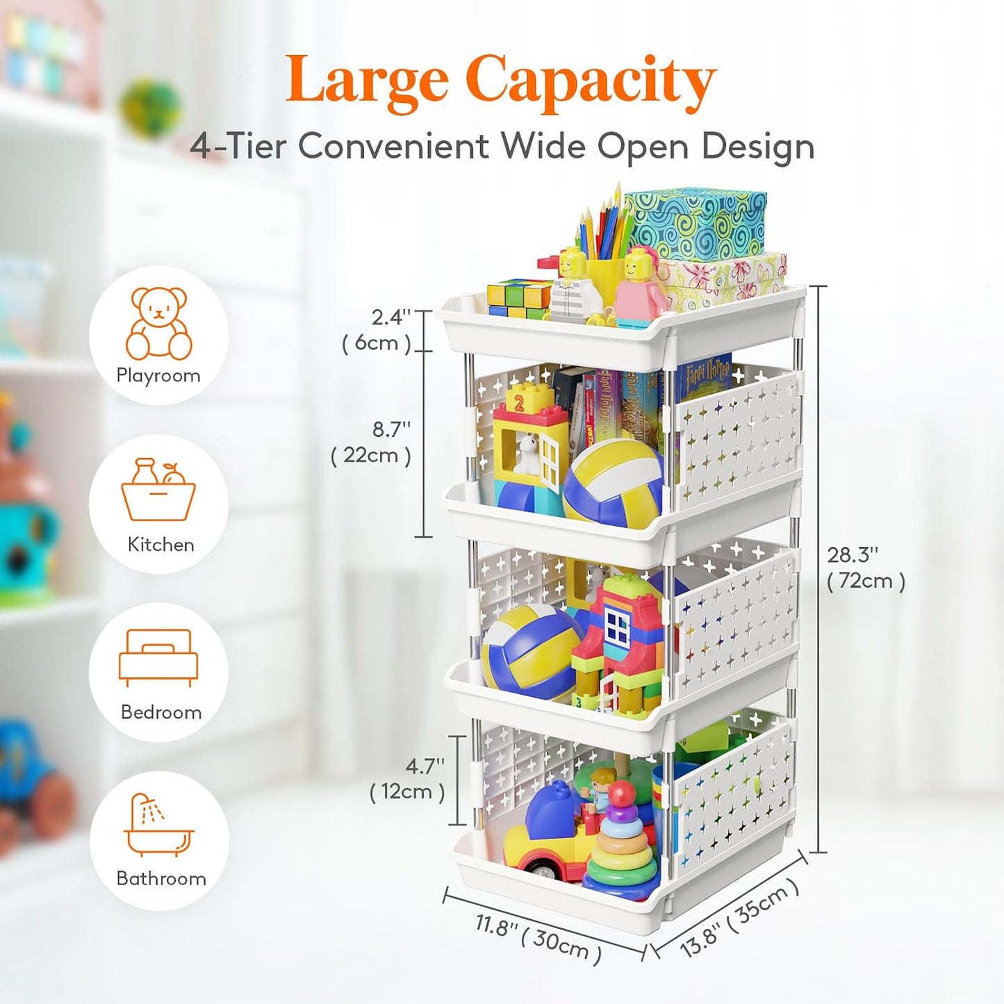 Lifewit Plastic Stackable Storage Baskets, 4 Tier Stacking Bins for Food and Clothes, Multifunctional Organizer for RV, Kitchen, Playroom, Pantry and Bathroom, 13.8"D x 11.8"W x 28.3"H, 1 Pack, White