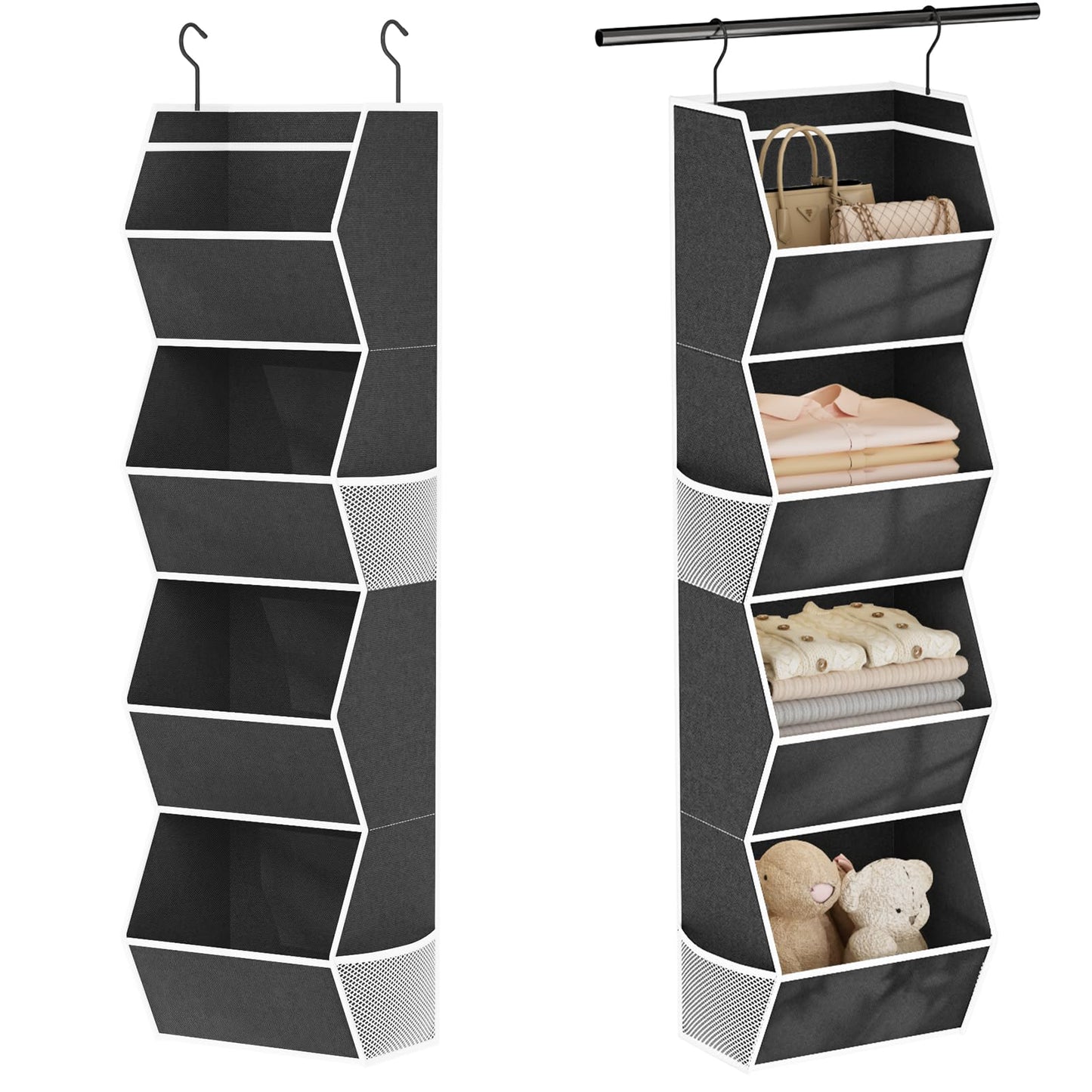 Hanging Closet Organizer 4 Shelf Collapsible Bedroom Closet Organizers and Storage Hanging with Mesh Pockets for Clothes, Fabric Hanging Storage Bins for Wardrobe Closet Organization and Storage, Grey