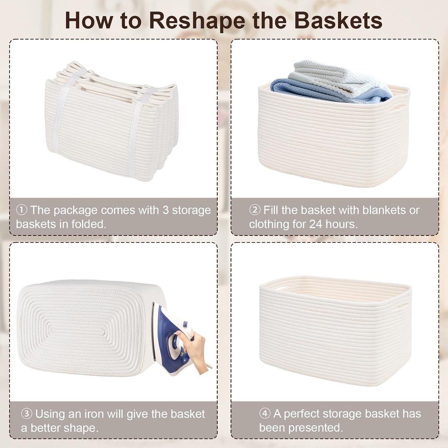 Baskets for Organizing,Storage Baskets,3 Pack Baskets for Shelfves,15"×10"×9" Woven Basket,toy storage bins,bins for organization