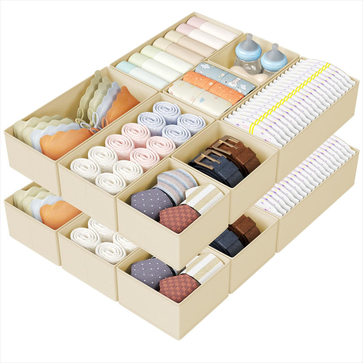 DIMJ Drawer Organizers Clothes, Dresser Organizer Bins for Baby Clothes,Underwear and Sock, Fabric Closet Organization and Storage Boxs, Drawer Dividers for Nursery, Clothing, Tie - 4 Pack, Beige