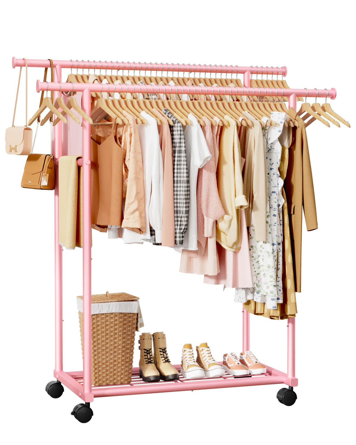 Sakugi Double Rods Clothes Rack - Metal Clothing Rack with Fixed Double Rods, Rolling Wheels & Built-In Shelf for Closet, Bedroom, Laundry Storage (39" x 17" x 60", Black)
