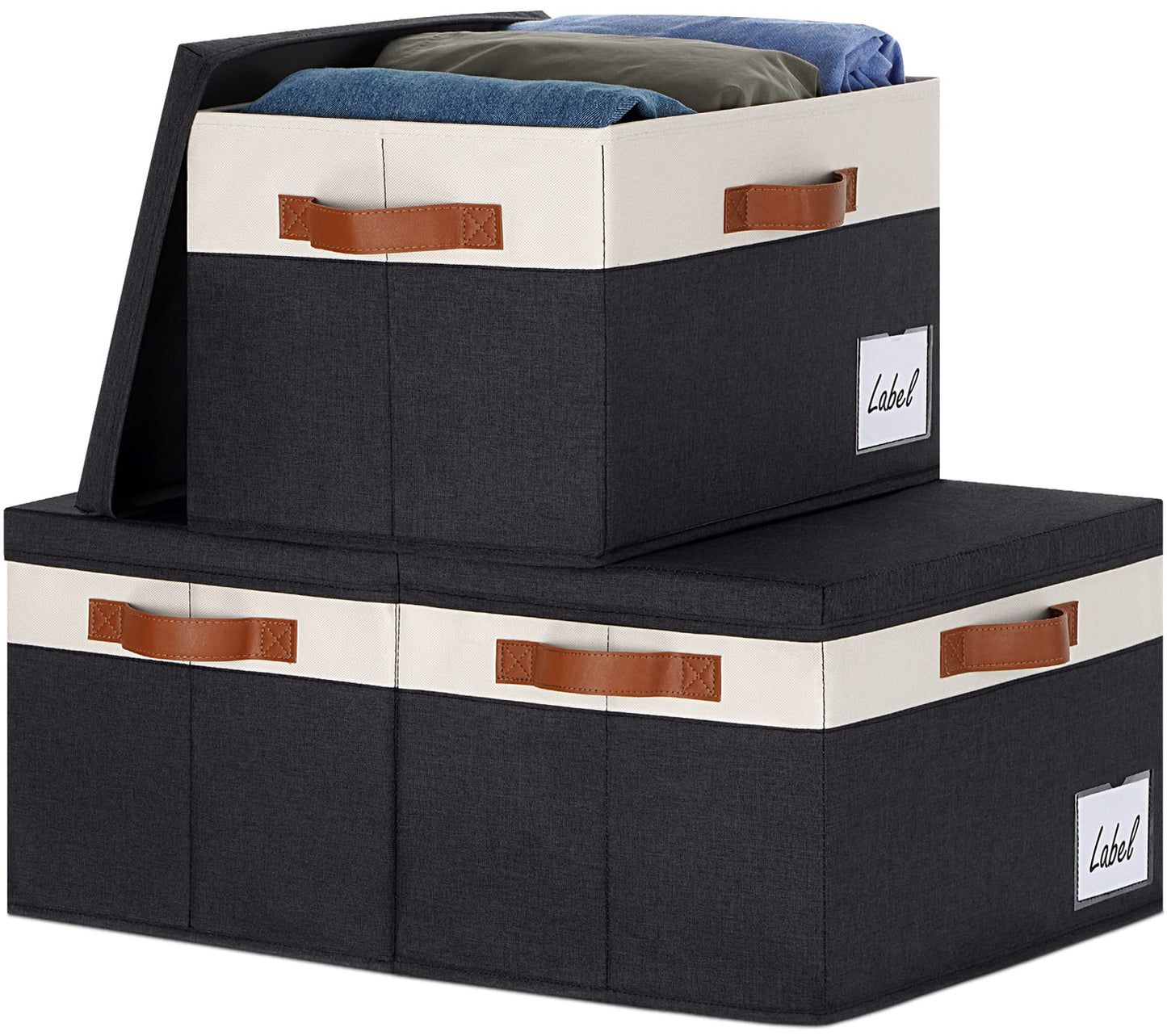 GhvyenntteS Large Fabric Storage Bins with 3 Handles, 15x11x9.6 Inch Storage Baskets for Shelves, Foldable Closet Storage Bins for Shelves, Closet Organizers and Storage Boxes 3 Pack
