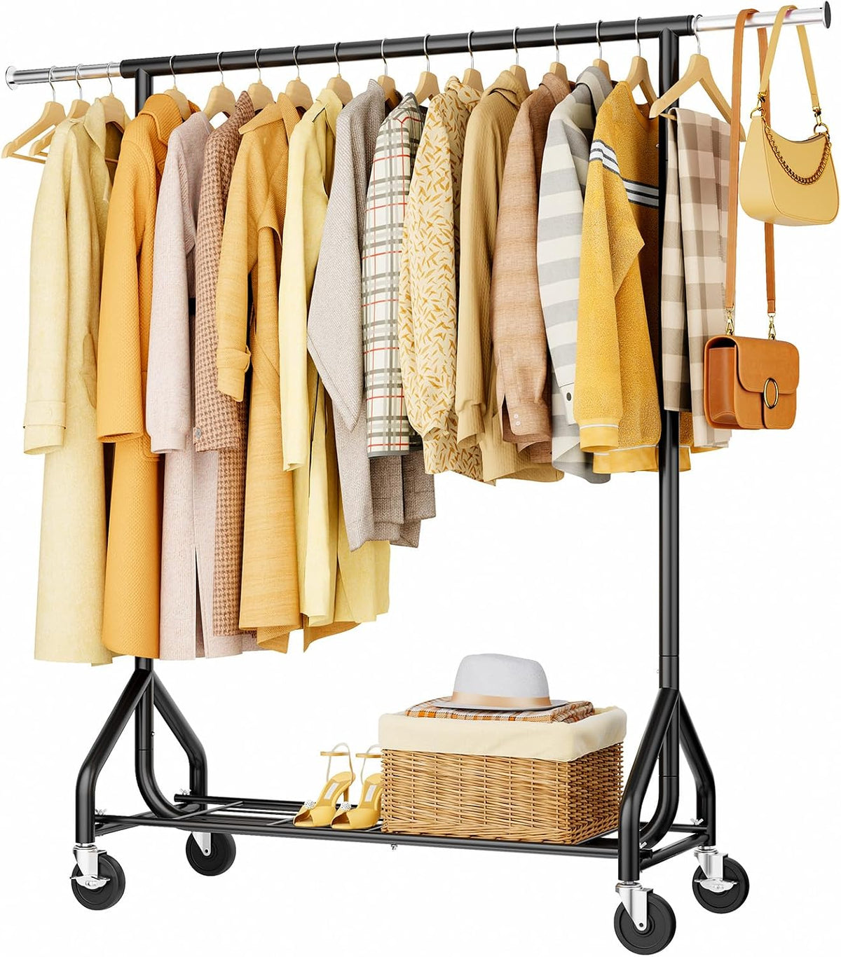 HYSEYY Heavy Duty Clothes Rack Load 450 LBS, Metal Garment Rack, Standing Rolling Clothing Rack for Hanging Clothes with Sturdy Wheels & Shelves, Portable Closet Wardrobe Rack,Sliver