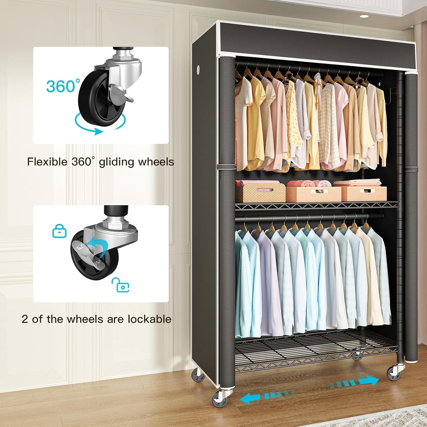 FUTASSI Clothing Rack with Cover, P1C Rolling Closets with Wheels