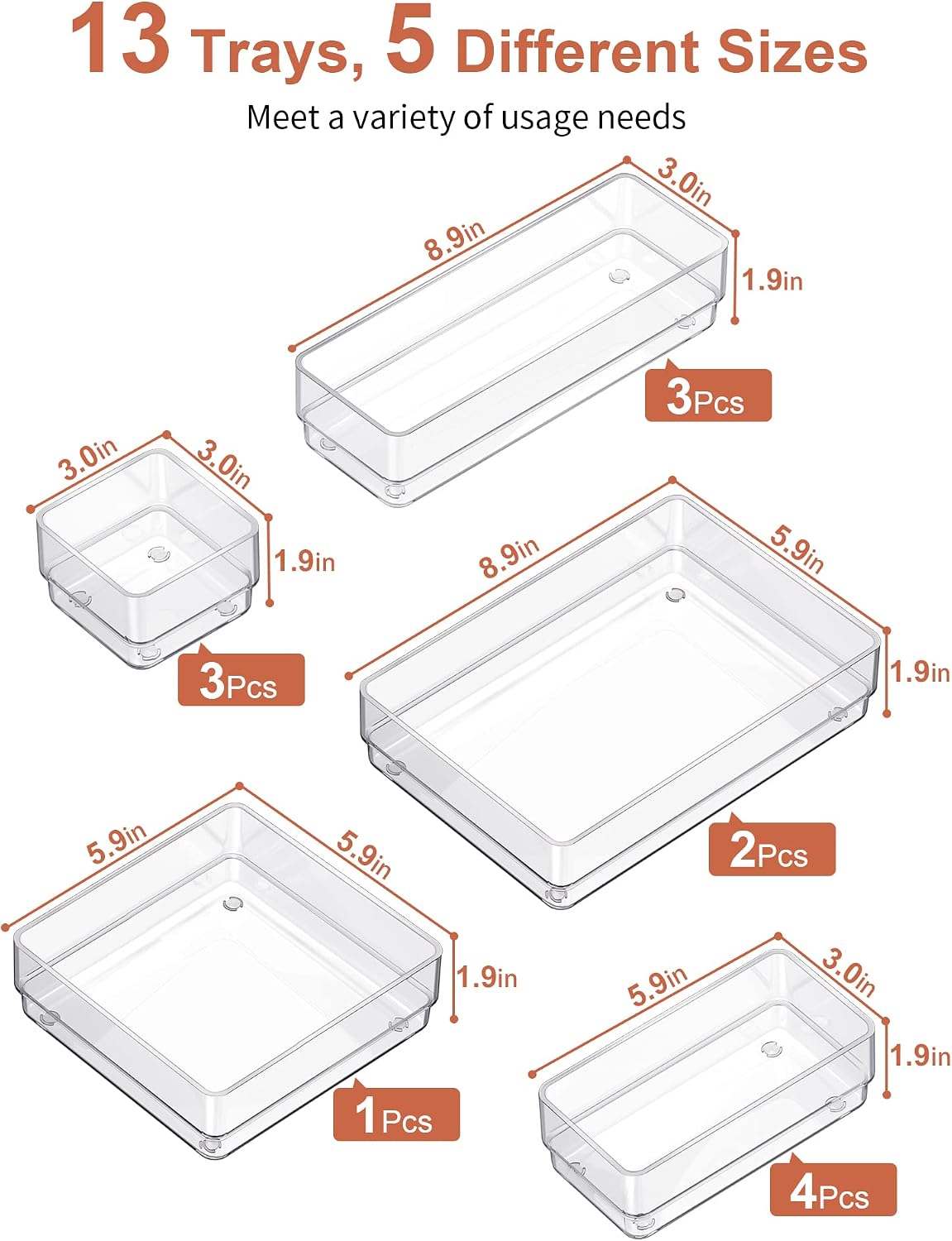 SMARTAKE 13 PCS Drawer Organizer 5-Size Desk Makeup Drawer Organizer Clear